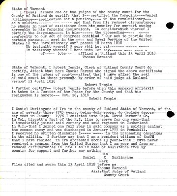 BURLINGAME, Daniel (b. 1745 R.I. d. 1820 N.Y.) 1 mil. pension claim (in full)